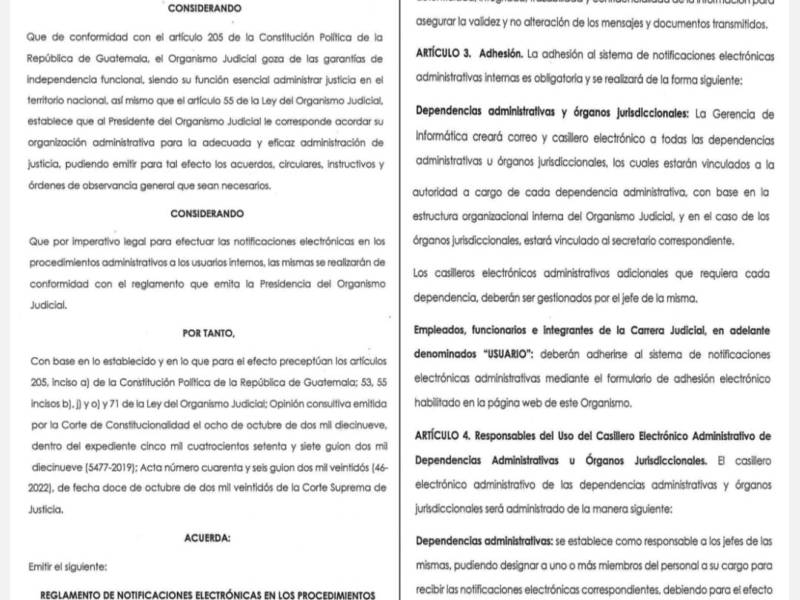 ACUERDO 189-2023 (Reglamento de notificaciones electrónicas en los procedimientos administrativos internos del Organismo&nbsp;Judicial).