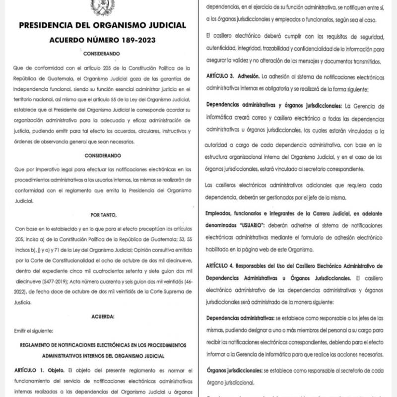 ACUERDO 189-2023 (Reglamento de notificaciones electrónicas en los procedimientos administrativos internos del Organismo&nbsp;Judicial).